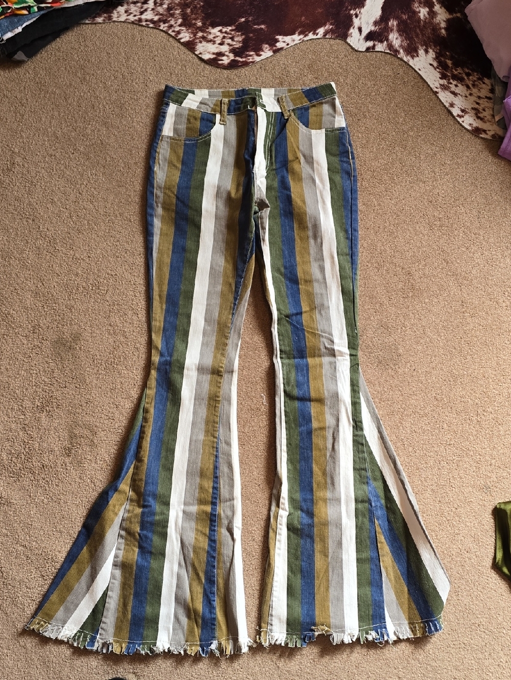 Womens Striped Wide Leg Bell Bottom Pants in Blue, Green & Cream